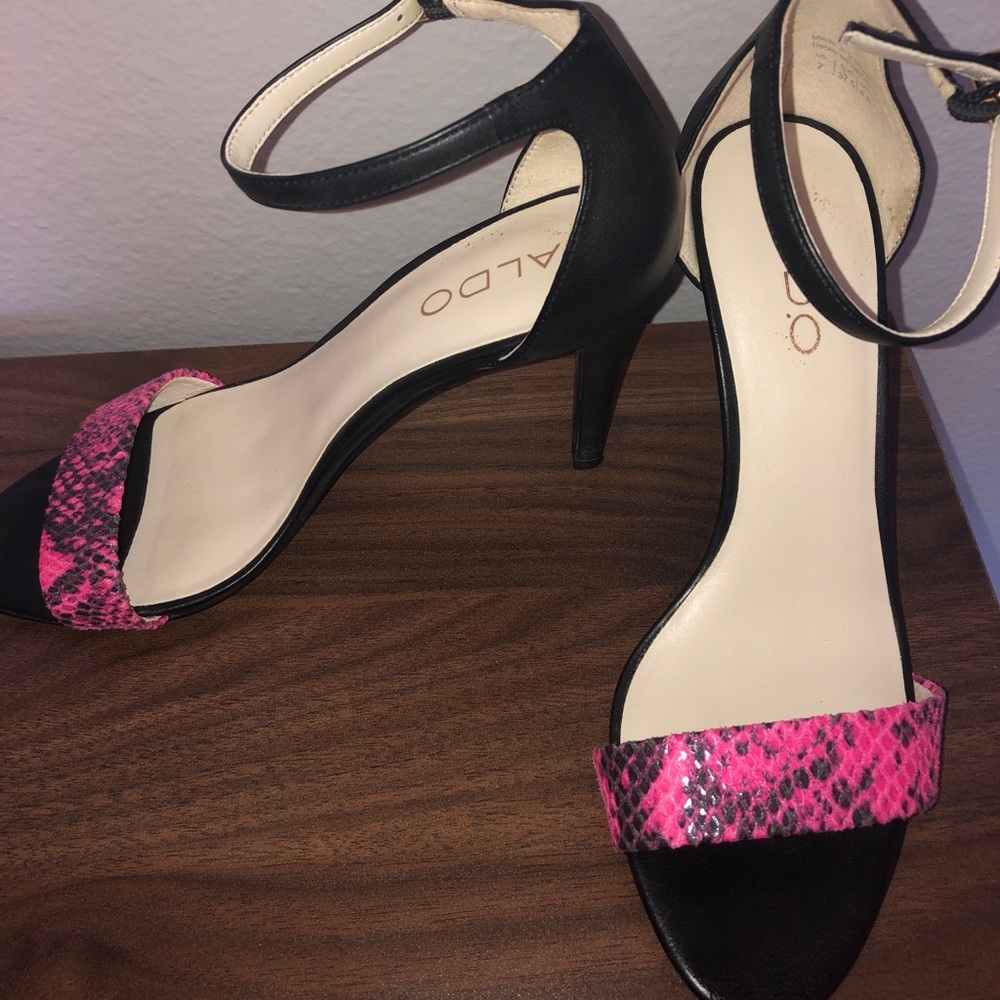 Hot pink faux snakeskin heels
